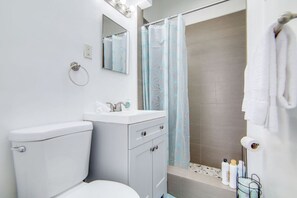 Hair dryer, towels, soap, shampoo