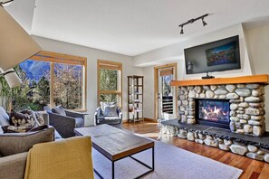 TV, lareira, aparelho de som