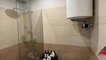 Hair dryer, towels, soap, toilet paper