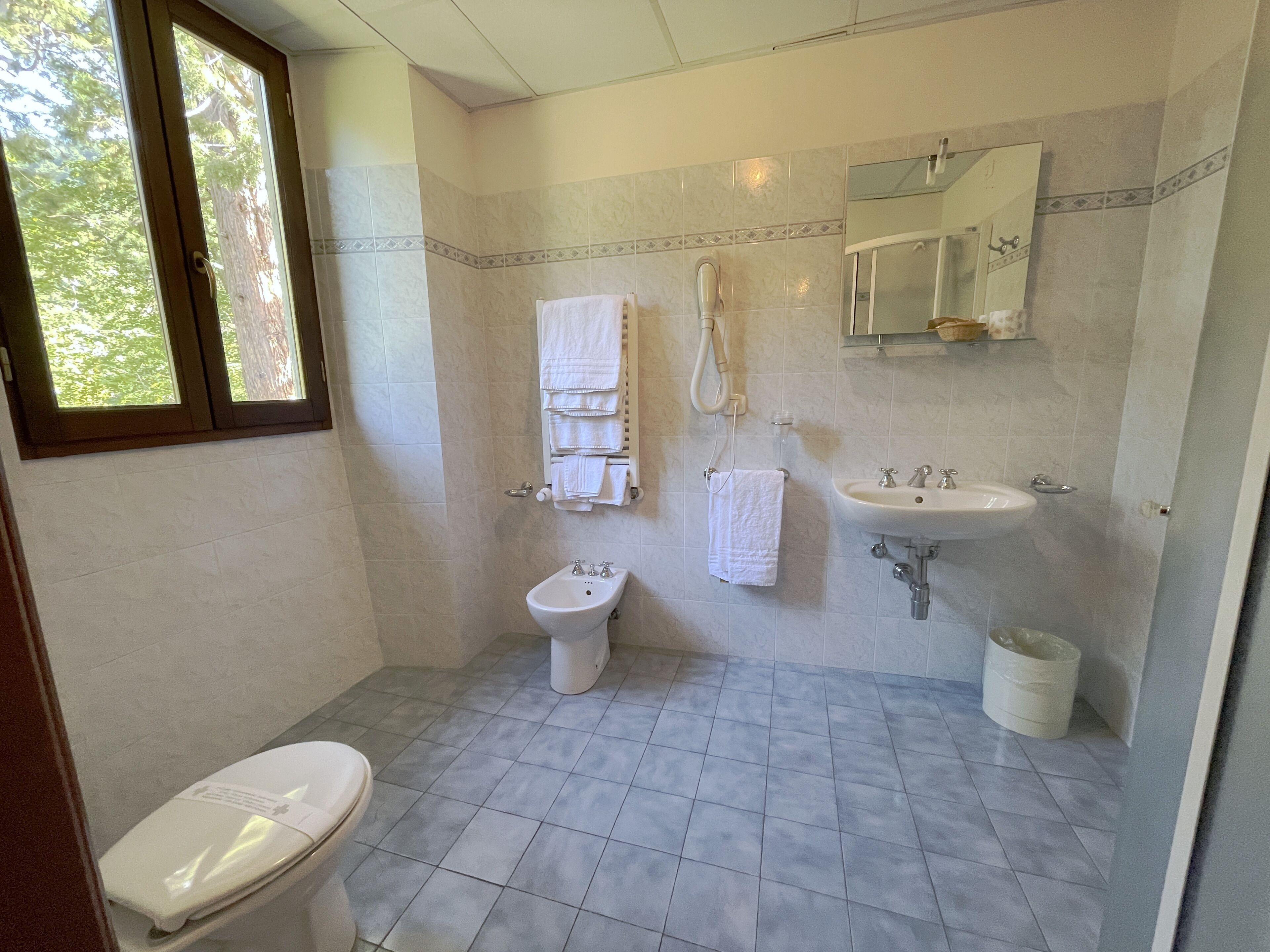 A bathroom with a toilet, bidet, sink, and a shower.