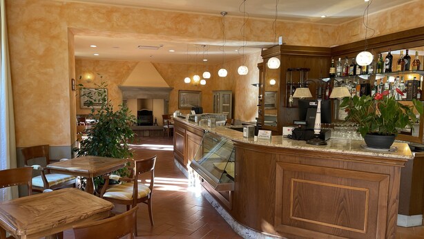 A restaurant with a bar area, wooden furniture, and a potted plant. - Hotel Rifugio la Foresta  (Reggello)