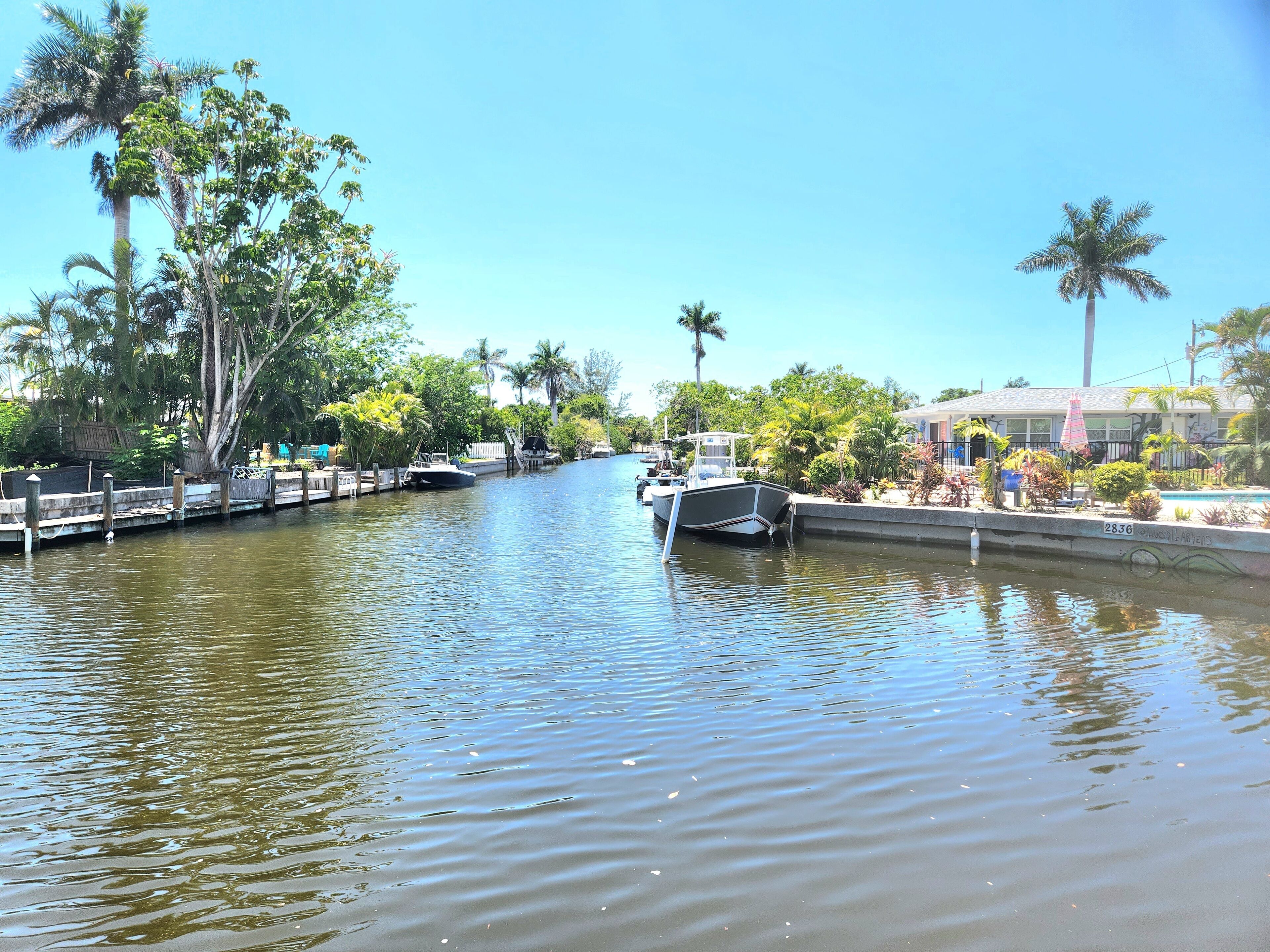 A canal with boats docked on the side, surrounded by lush greenery and palm trees.