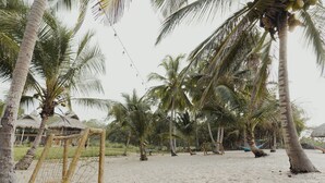 Privat strand, hvit sand, solsenger og parasoller