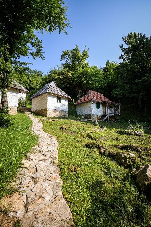 A stone pathway leading to rustic stone houses with red roofs, surrounded by lush greenery.