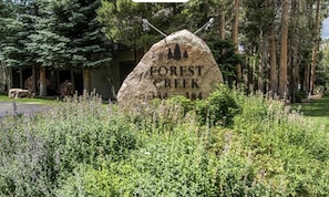 Ein großer Felsen mit der Inschrift 'FOREST CREEK' und einer Zahl, umgeben von Grün.