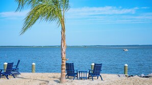 Een strand met een palmboom, blauwe stoelen en een tafeltje.