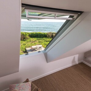 A room with a skylight overlooking a grassy area and a body of water.