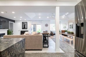 Smart TV, fireplace, books
