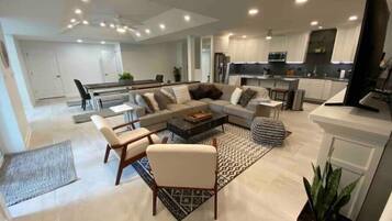 Smart TV, fireplace, books