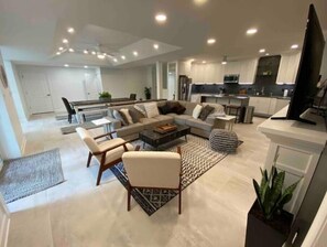 Smart TV, fireplace, books