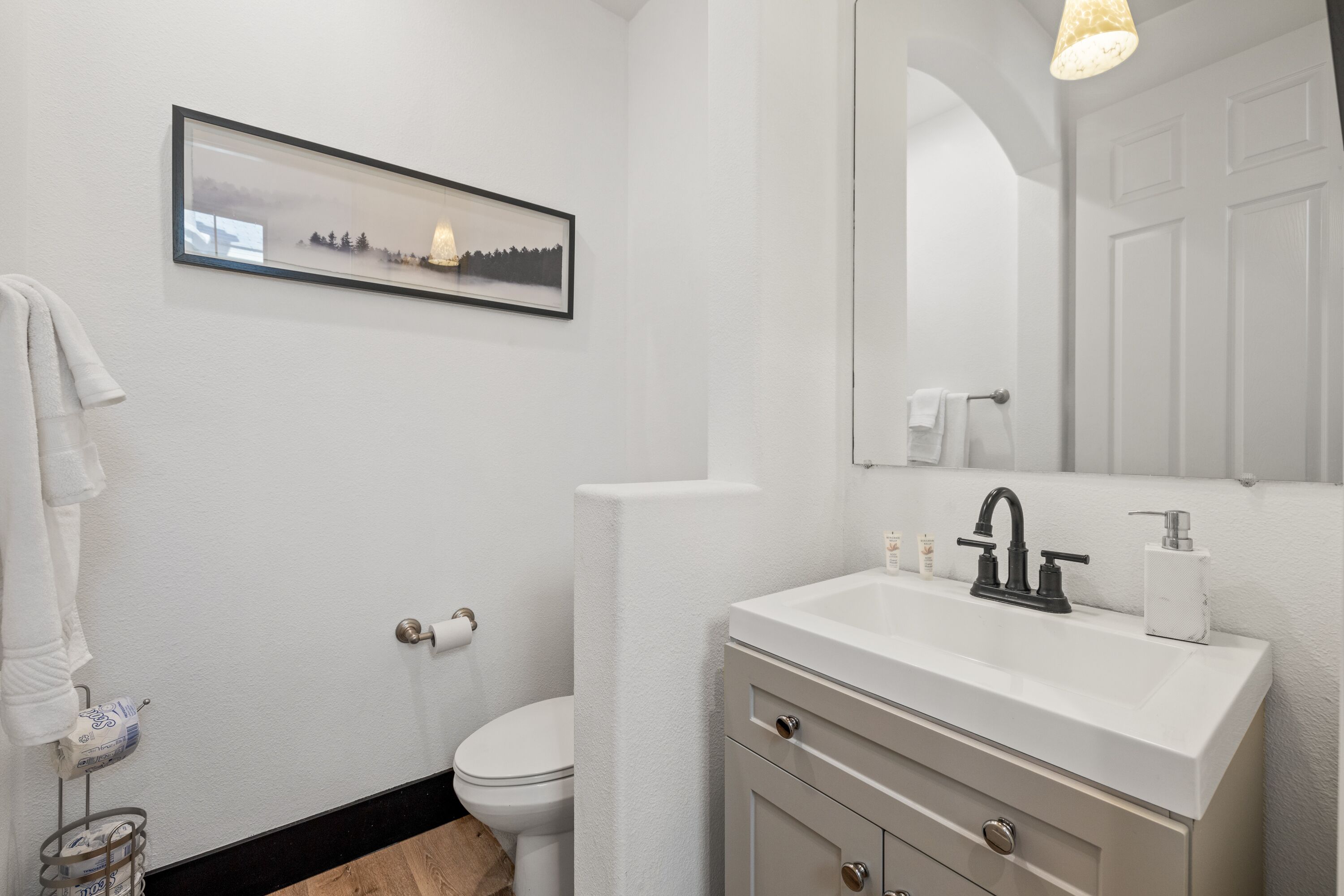 A bathroom with a white sink, a toilet, a framed picture on the wall, and a mirror above the sink.