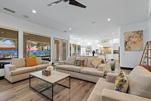 Villa | Living room | 65-inch Smart TV with satellite channels, fireplace, Netflix
