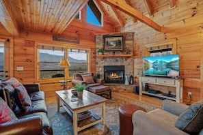 Smart TV, chimenea, reproductor de DVD y libros 