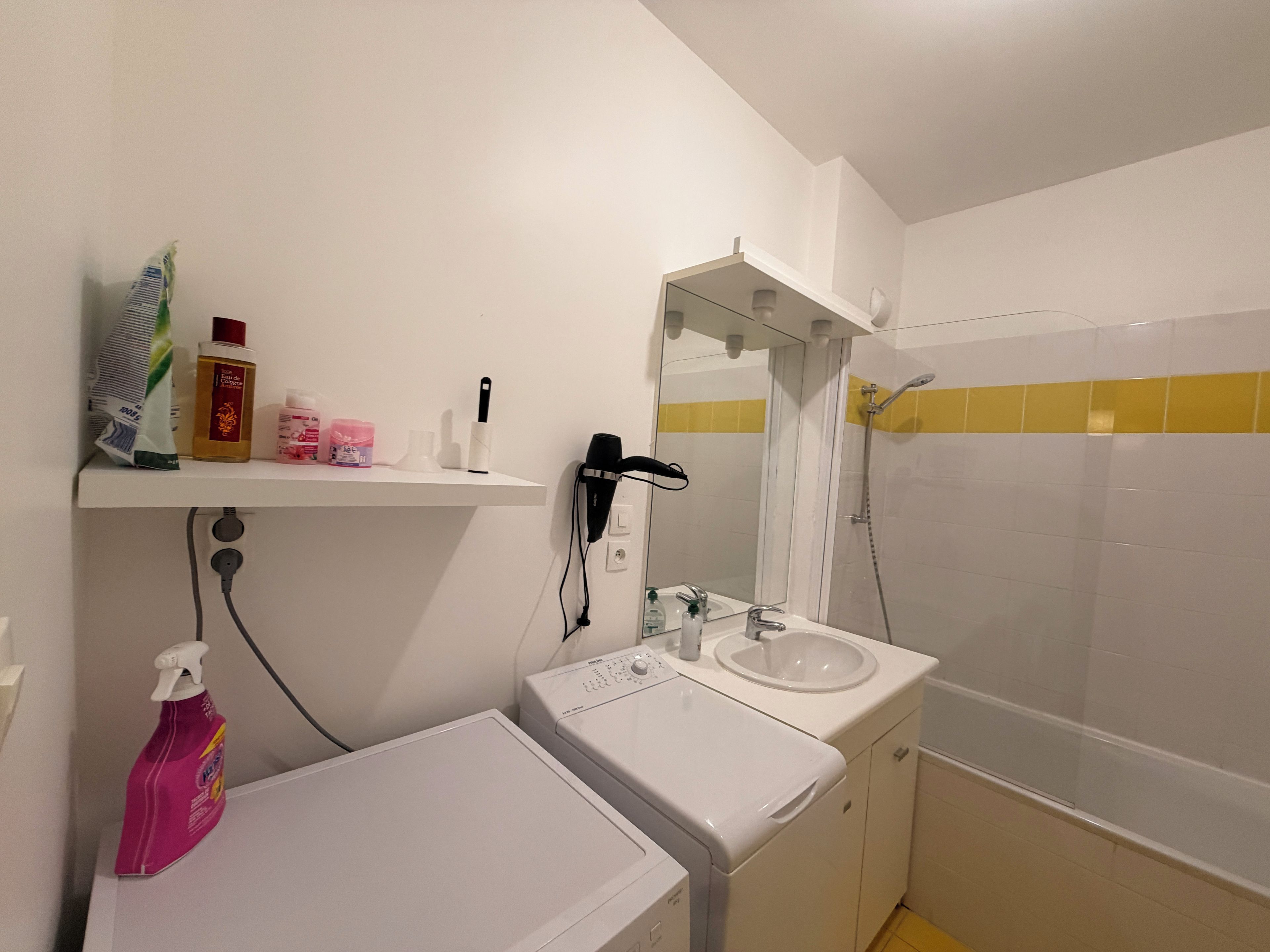Une salle de bain équipée d’un lave-linge, d’un évier, d’un miroir et d’une douche.