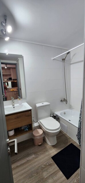 A modern bathroom with a toilet, sink, and bathtub. - Acogedor Loft Centro De Santiago (Santiago)