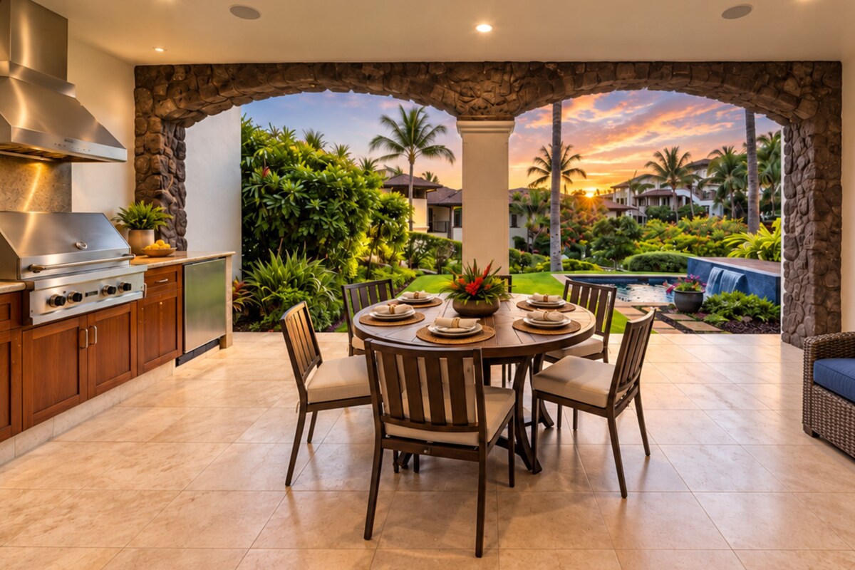 Une cuisine équipée d’un barbecue intégré, un coin repas avec une table ronde et des chaises, et une vue sur un paysage tropical avec des palmiers et un coucher de soleil.