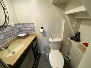 Shower, towels, soap, toilet paper