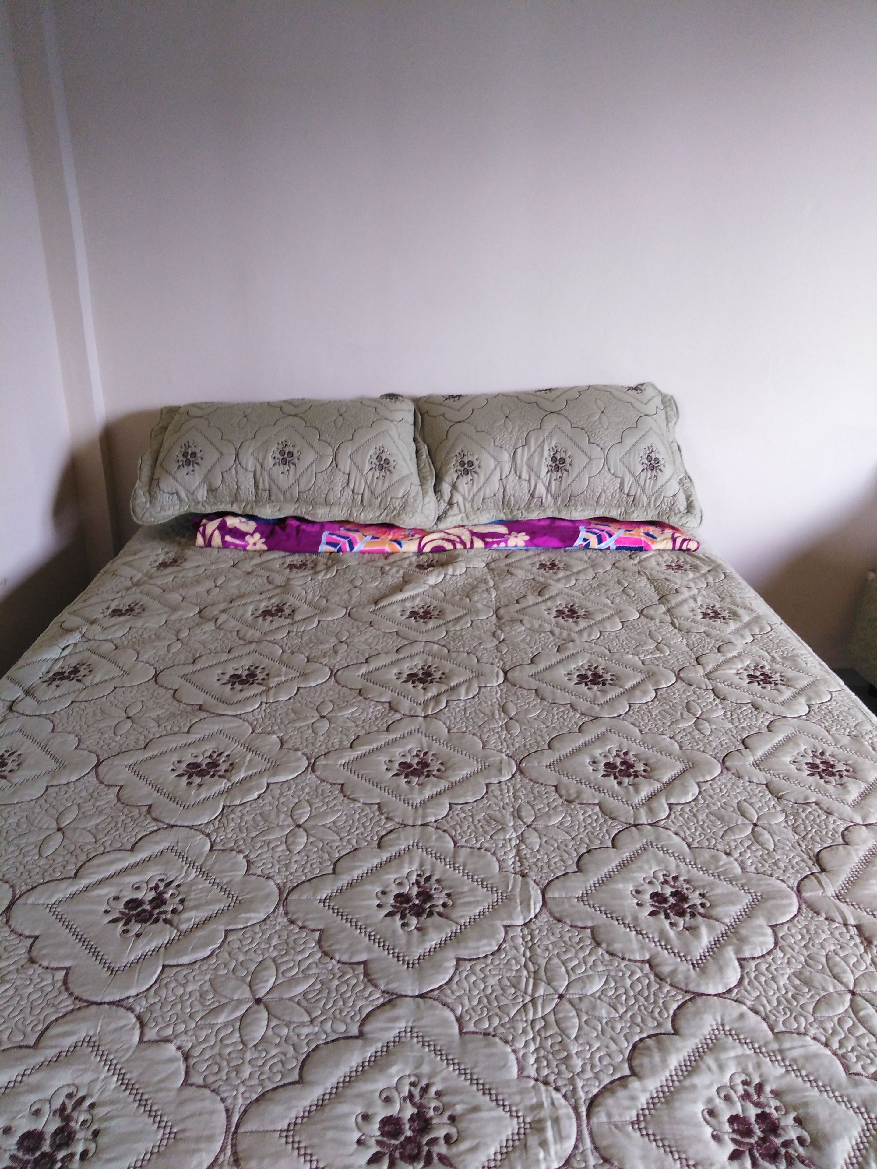 A bed with a patterned quilt and two pillows.