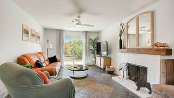 Smart TV, fireplace, computer monitors