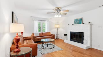 Tv, eldstad och böcker