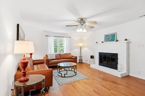 TV, fireplace, books