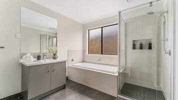 Shower, hair dryer, shampoo