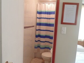 A bathroom with a shower curtain, toilet, and a framed notice on the wall.