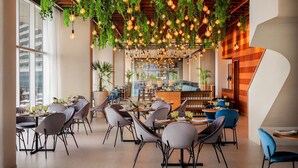 Un restaurante moderno con plantas colgantes e iluminación colgante, con una mezcla de sillas grises y azules, una barra de madera y ventanas amplias.