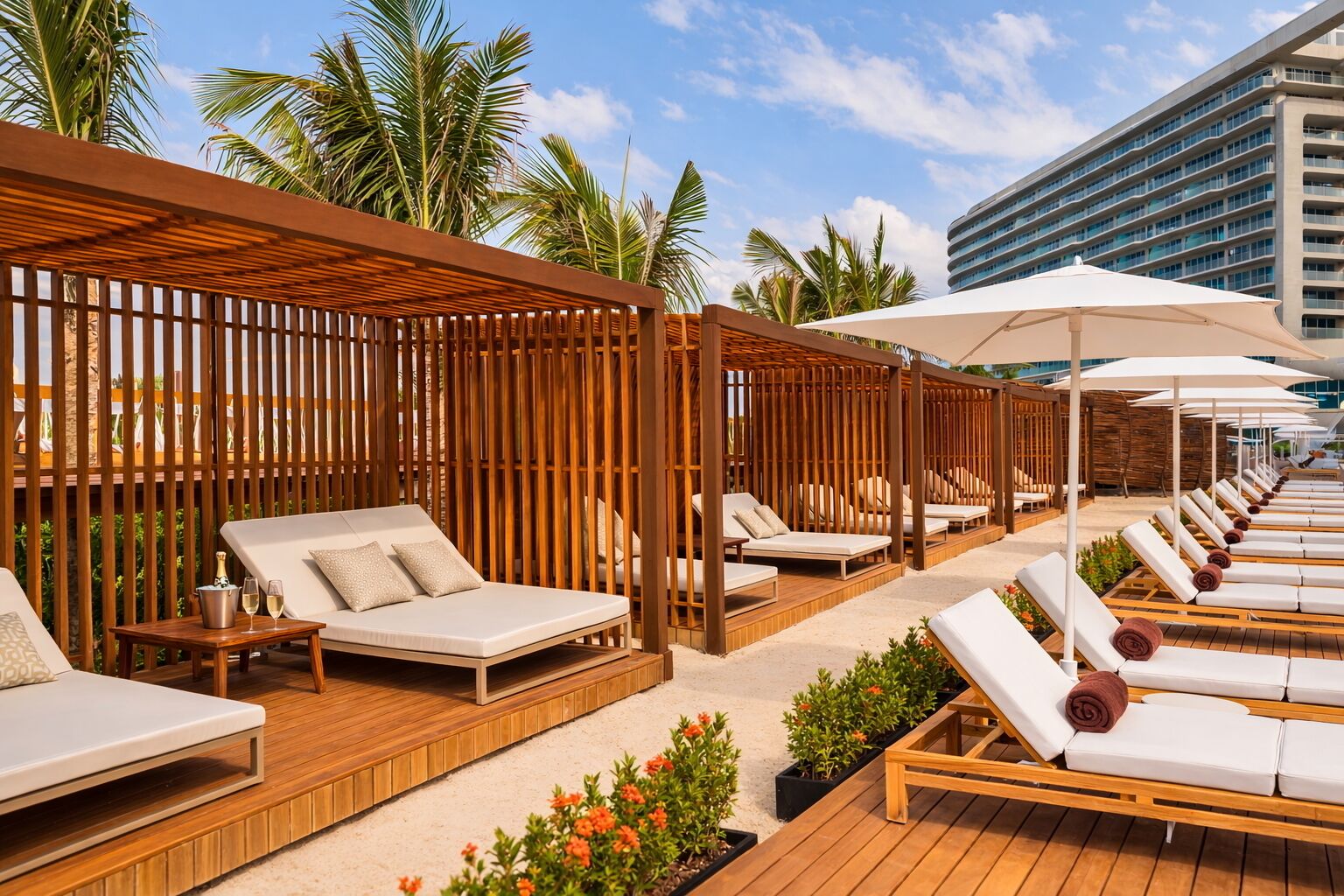 A poolside area with sun loungers, wooden pergolas, and a view of a modern building.