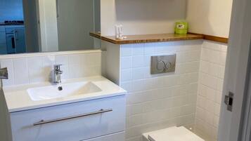 Hair dryer, towels, soap, toilet paper