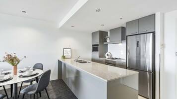 Apartment, 2 Bedrooms, Private Bathroom, River View | Private kitchen | Full-sized fridge, microwave, oven, stovetop