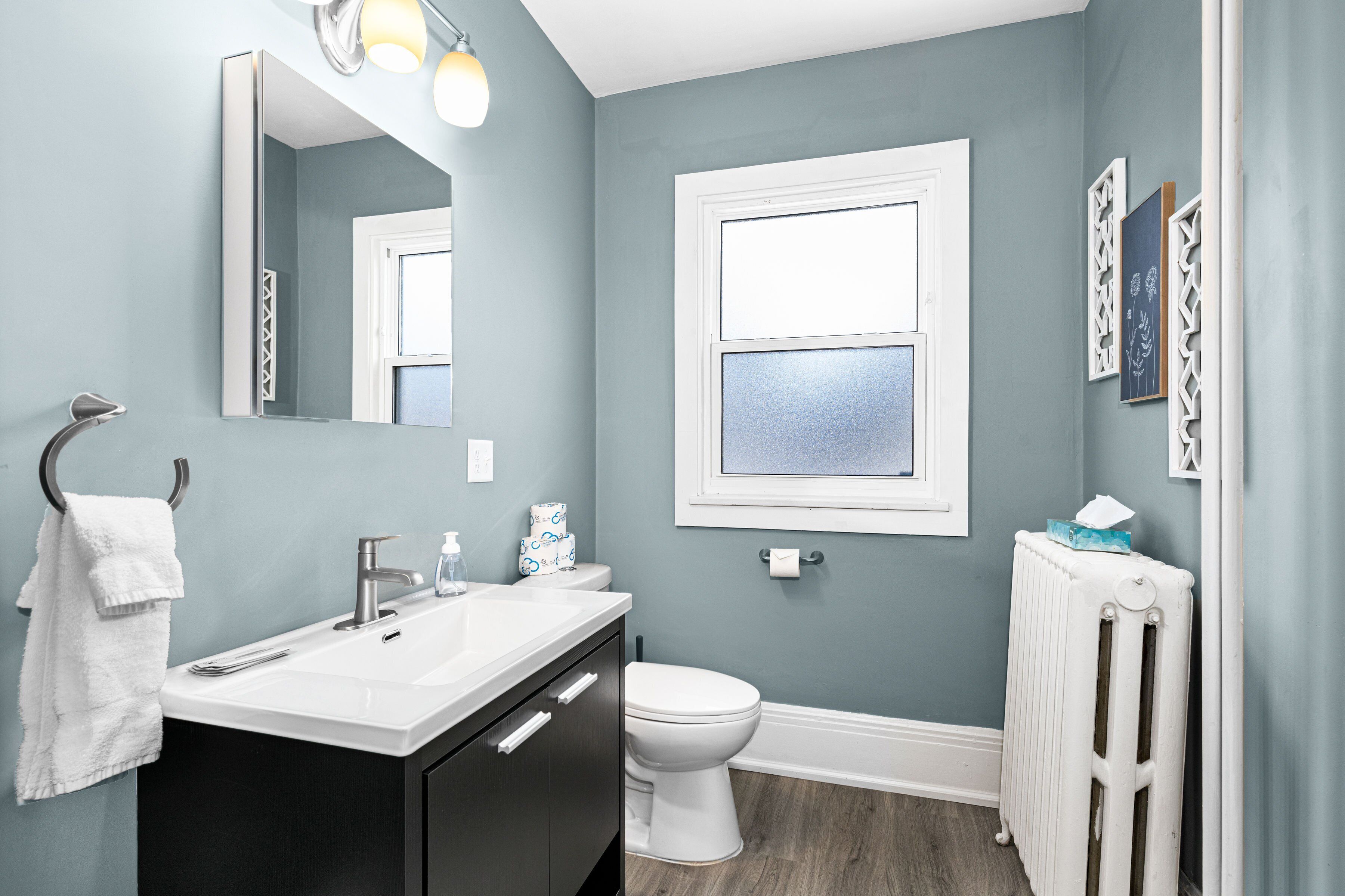 Een badkamer met een wit wastafel, een spiegel, een toilet en een radiator.