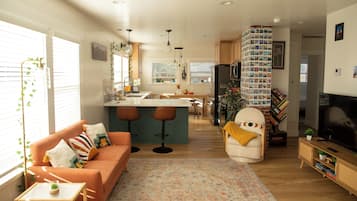 Smart TV, fireplace, foosball, table tennis