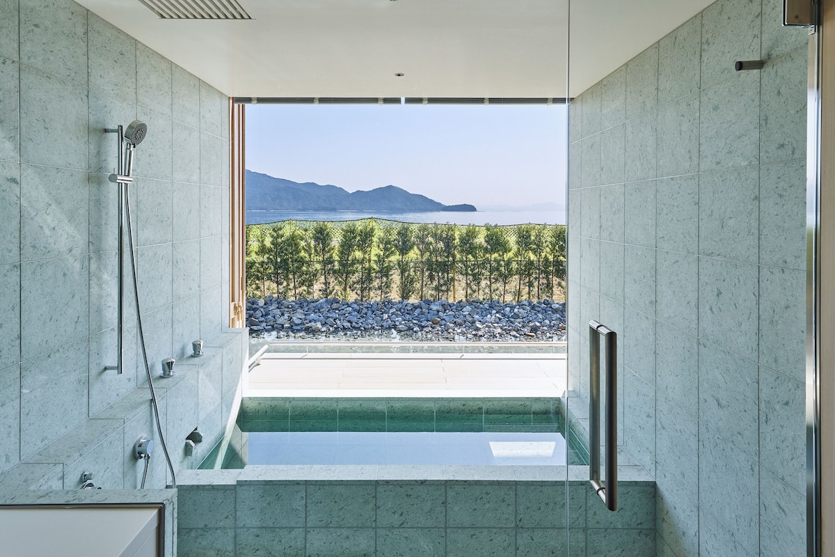 A modern bathroom with a shower, a bathtub, and a view of a pool and mountains.