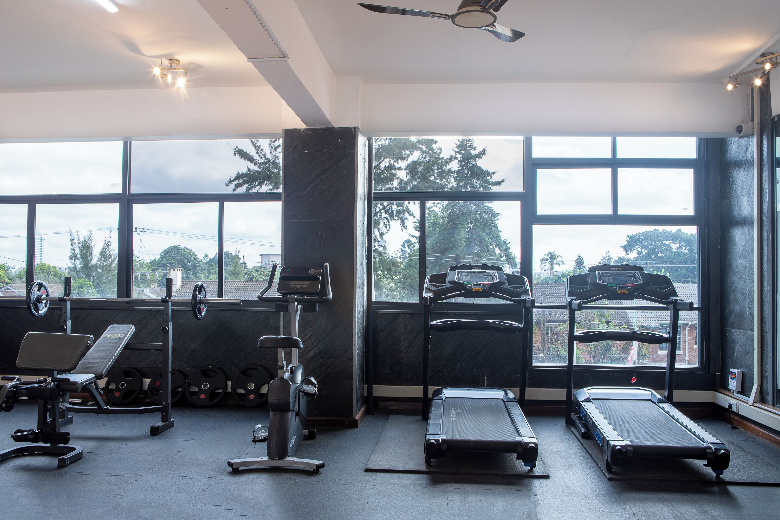 Un gimnasio con equipo de ejercicio, ventanas amplias y vistas a árboles y edificios.