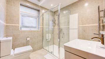 Shower, hair dryer, towels