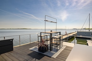 A deck with a table and chairs, a potted plant, and a railing overlooking a body of water.
