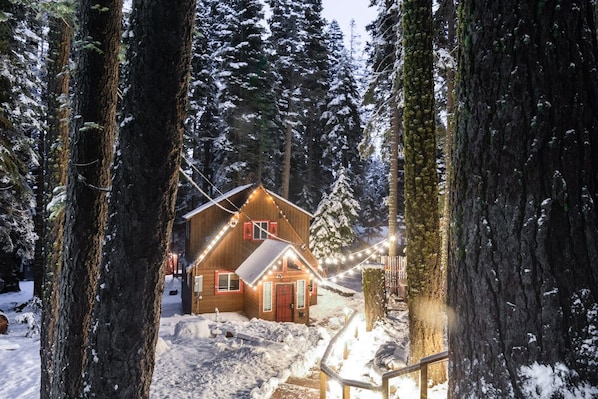 A cabin with a wooden exterior, surrounded by snow-covered trees.