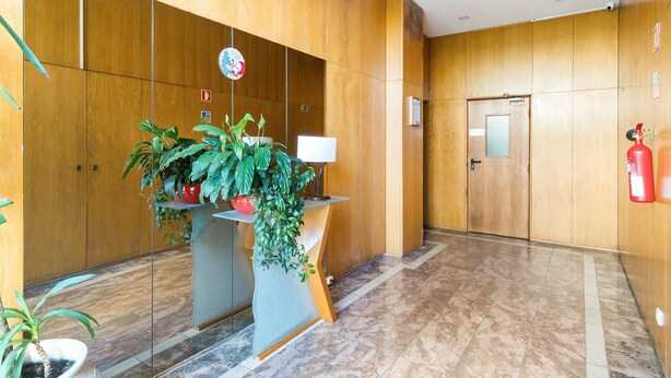 Un espace d’accueil avec des panneaux de bois, un comptoir de réception agrémenté de plantes en pot, un extincteur et une porte dotée d’un panneau en verre.