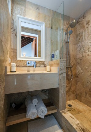 Shower, hair dryer, bidet, towels