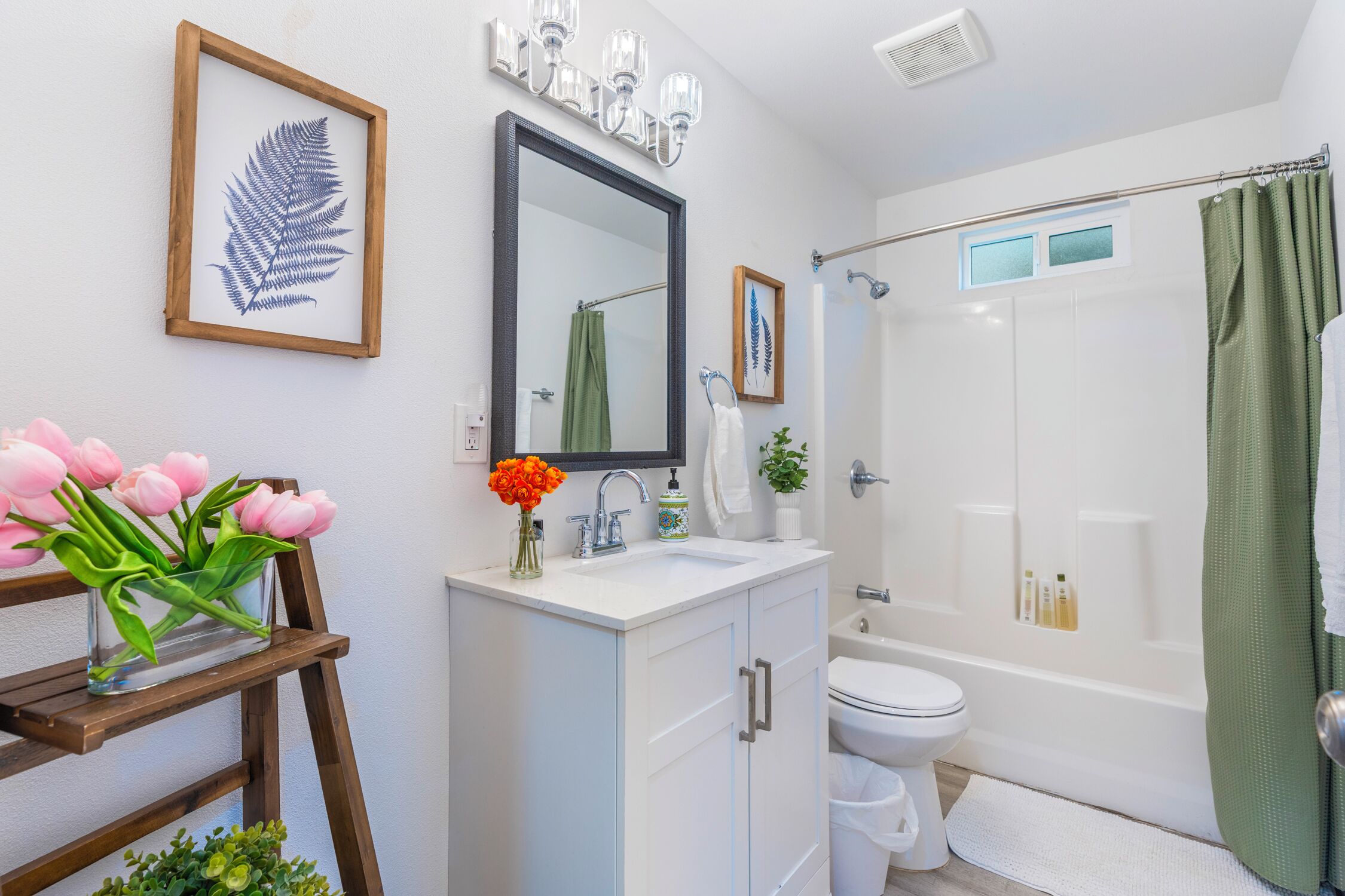 Shower, hair dryer, towels, shampoo