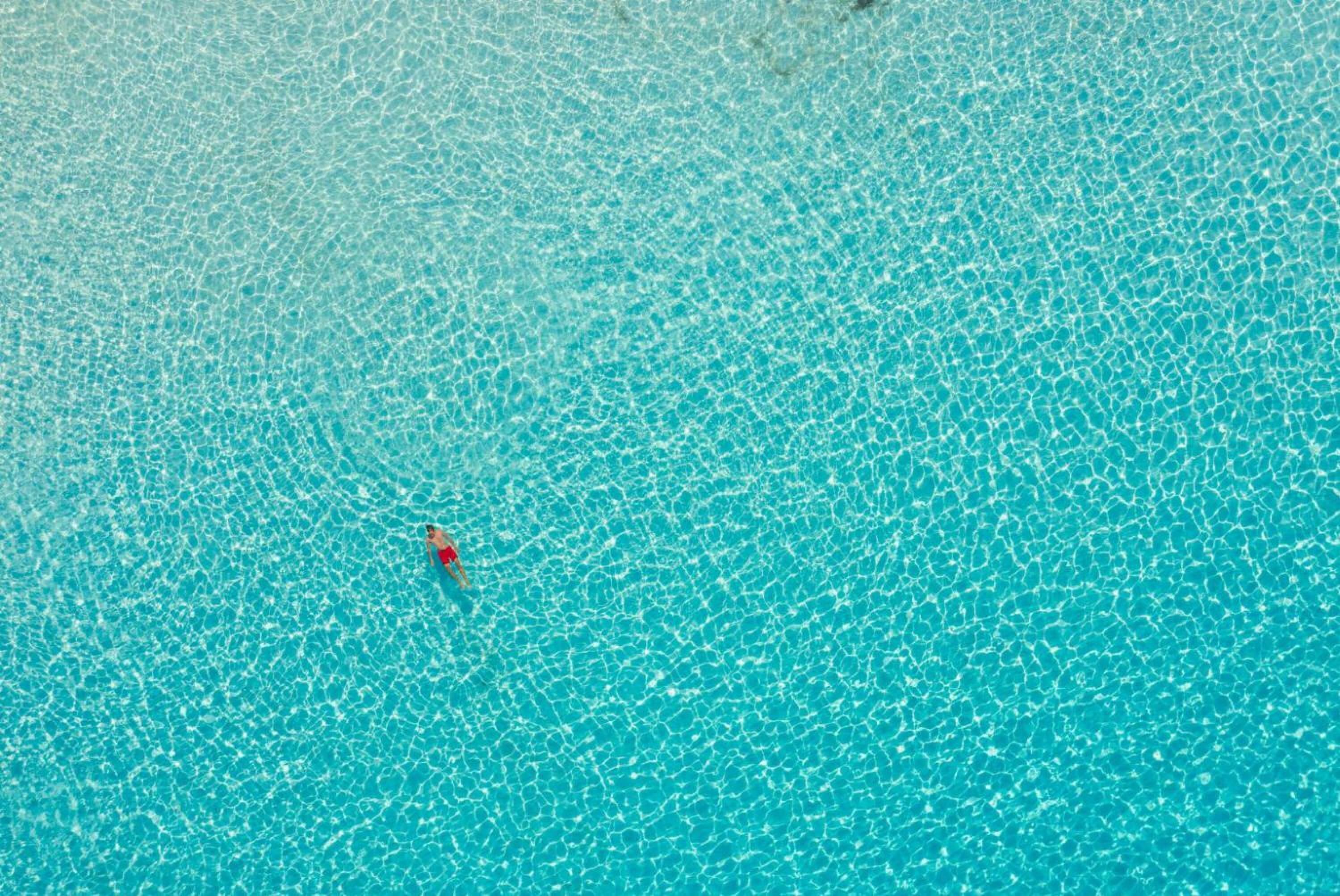 A person swimming in a large, clear blue pool.