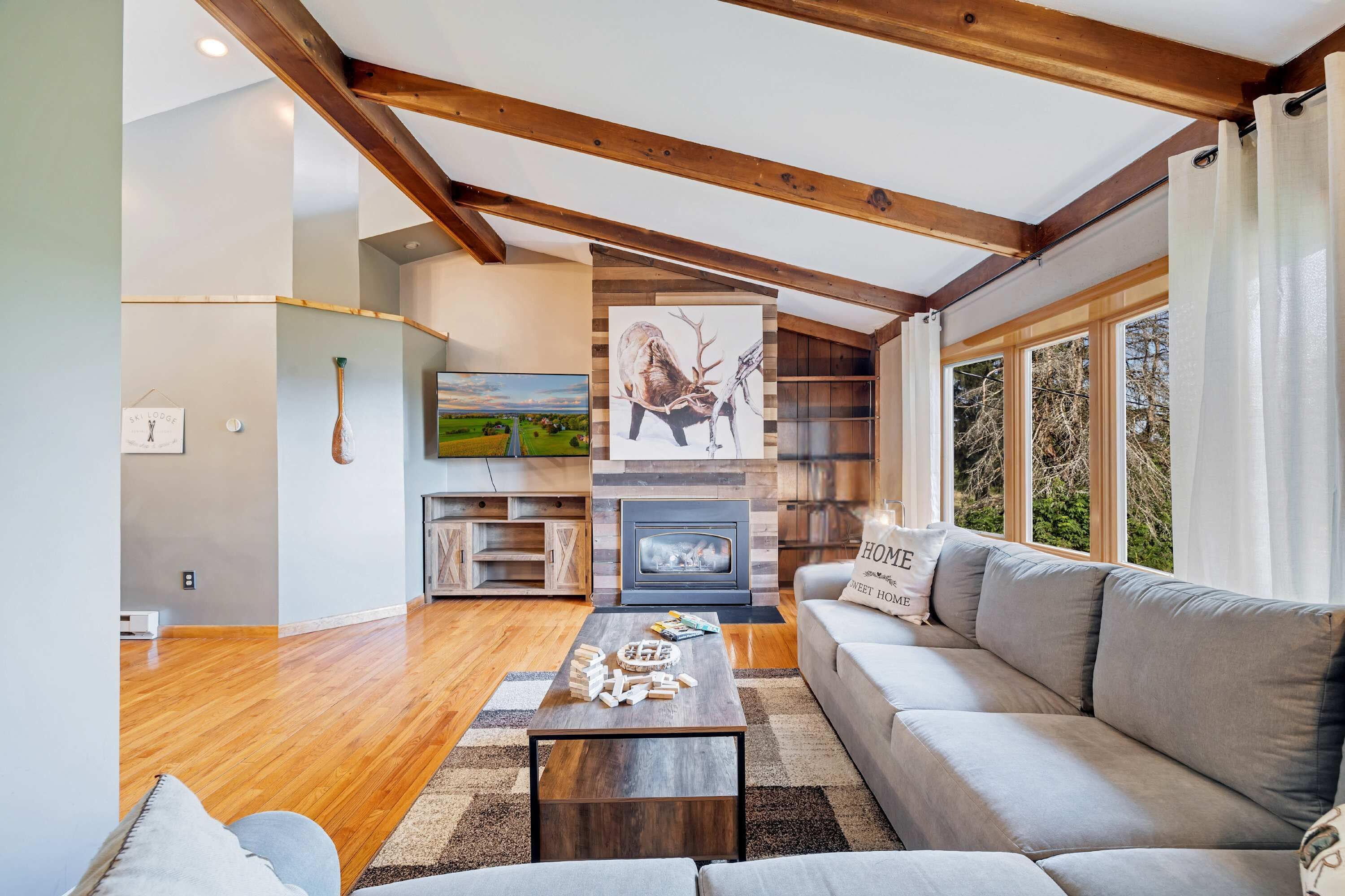 TV, fireplace, offices