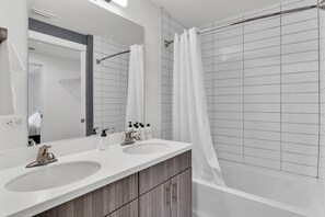 Hair dryer, towels, shampoo