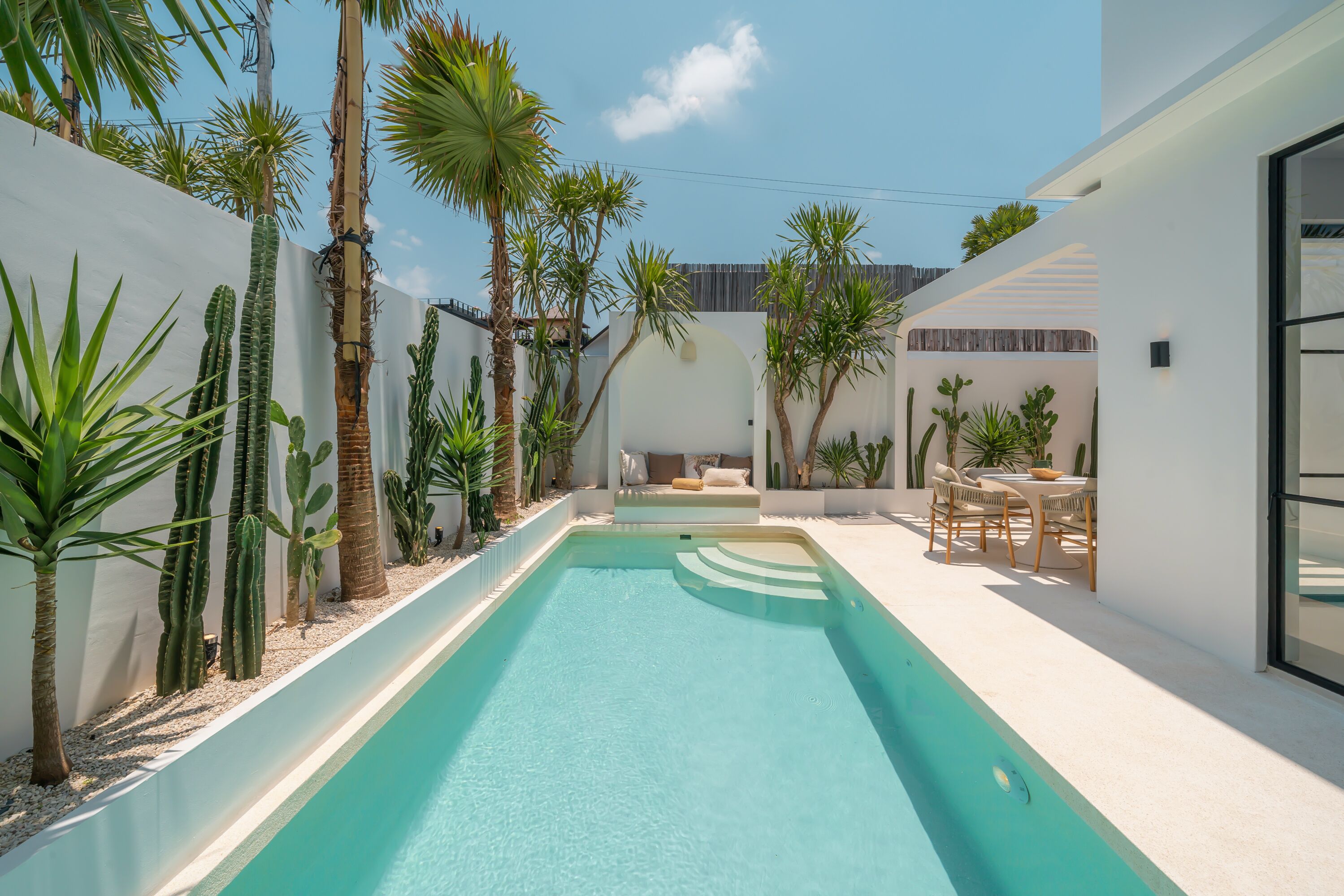 A modern outdoor pool area with a white pool, surrounded by various cacti and palm trees, and a seating area with chairs and a table.