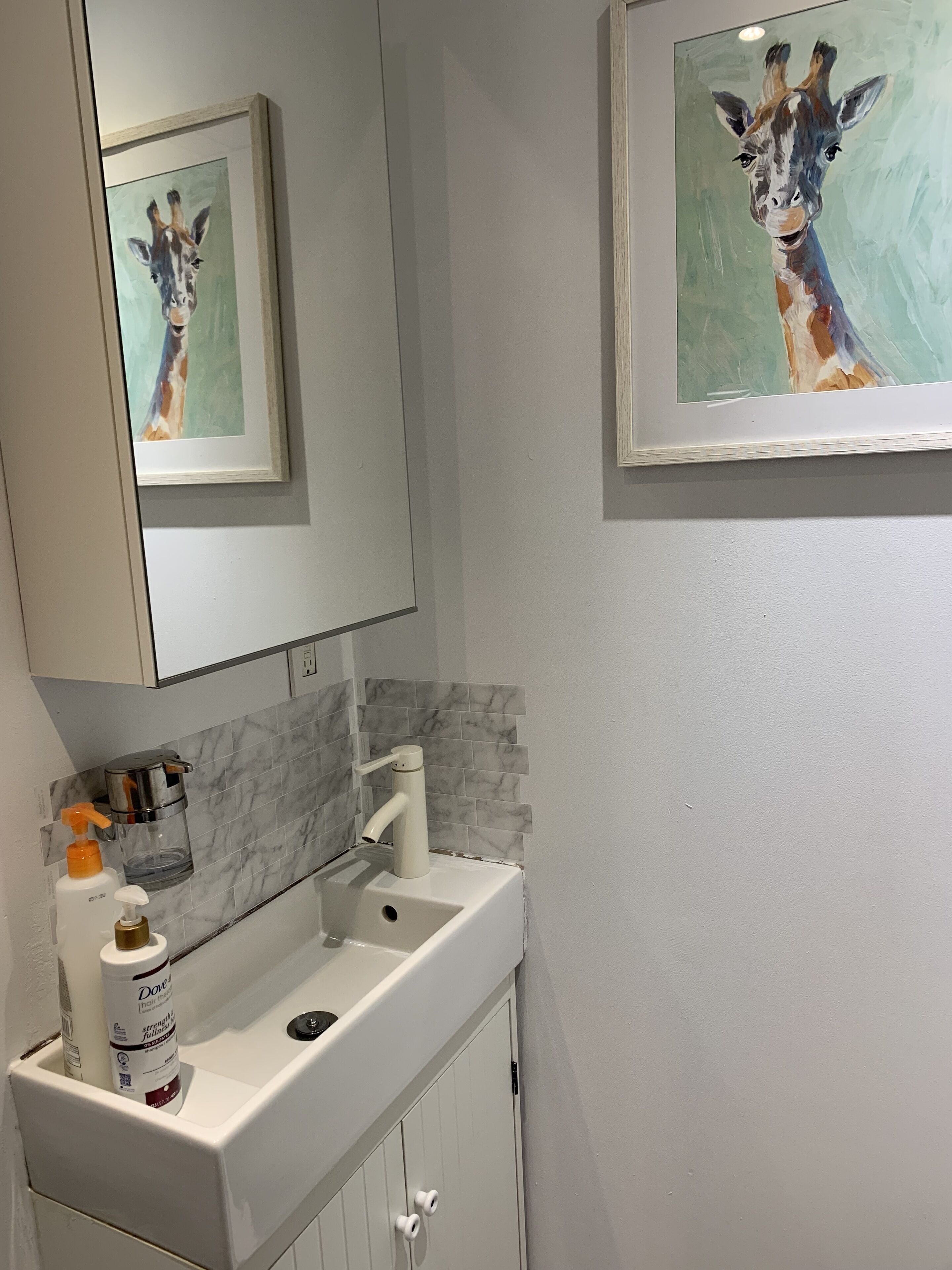 A bathroom with a white sink, a mirror, and two framed paintings of giraffes on the wall.