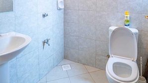 Un baño con inodoro, lavabo y ducha.