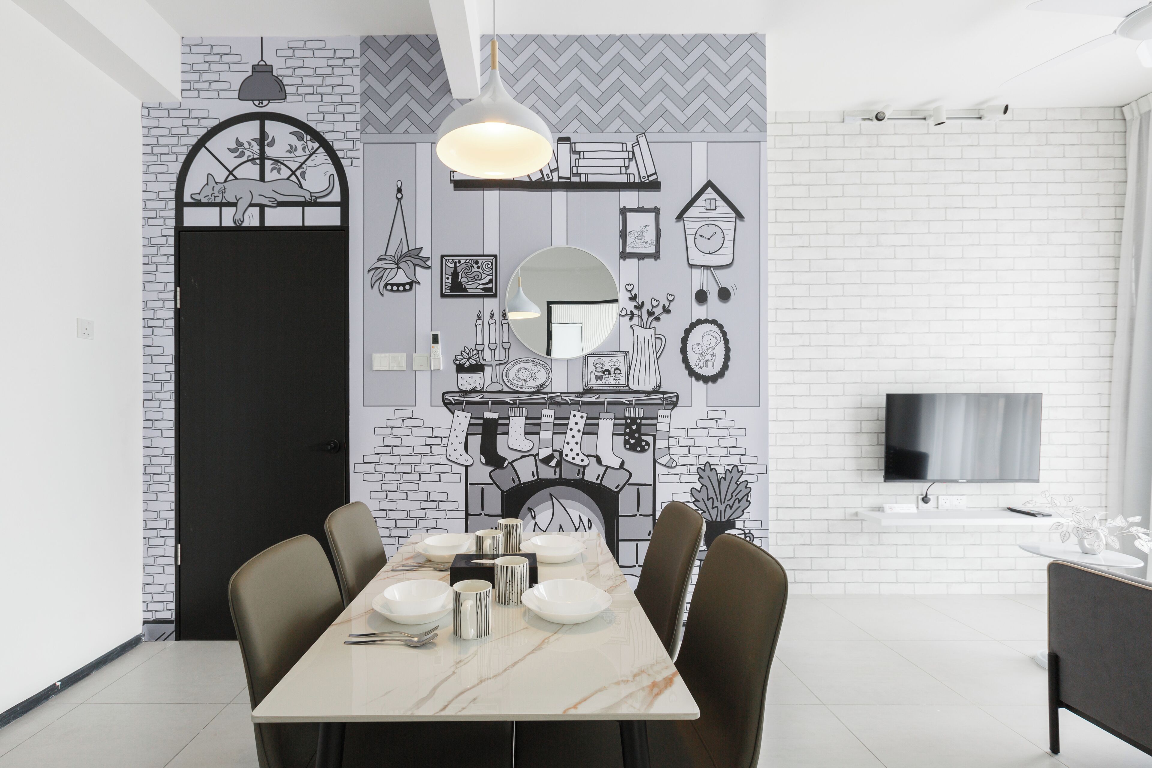 A modern dining area with a marble table, chairs, and a fireplace mural.