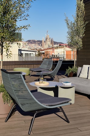 Outdoor pool, pool umbrellas, pool loungers