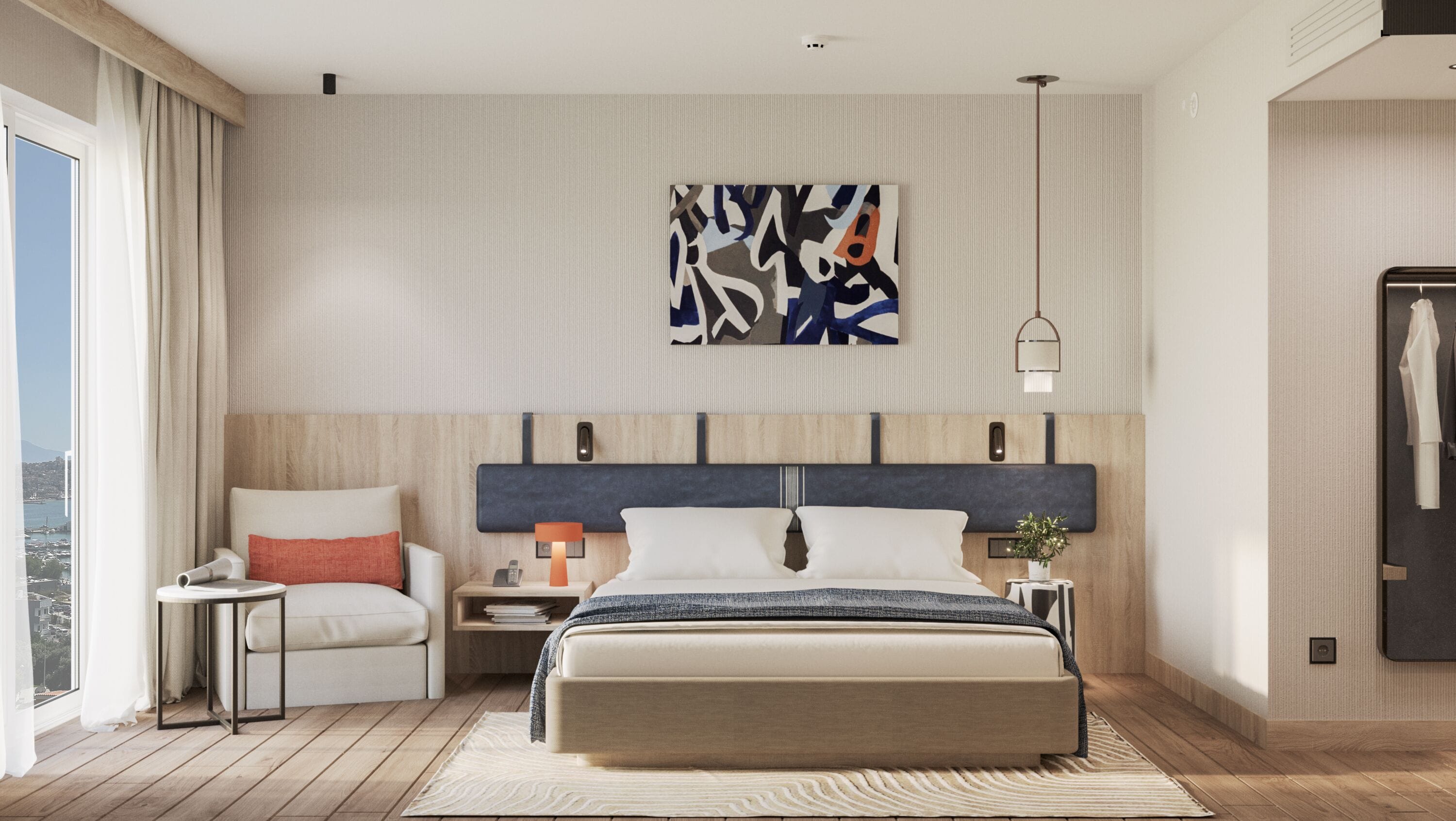 A modern hotel room with a large bed, a bedside table, a chair, a nightstand, and a large window offering a city view.